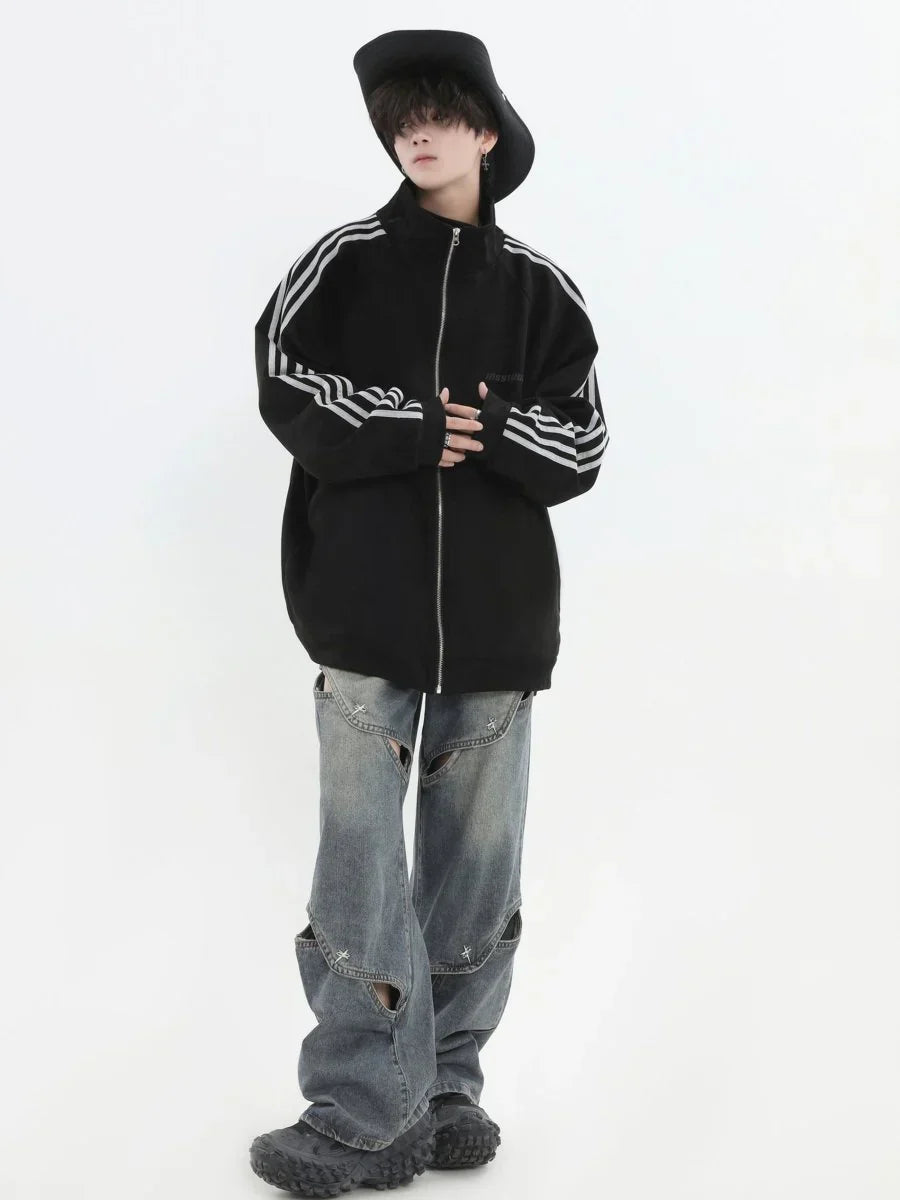 [INSstudios] STRIPED CASUAL ZIPPER JACKET ST1196