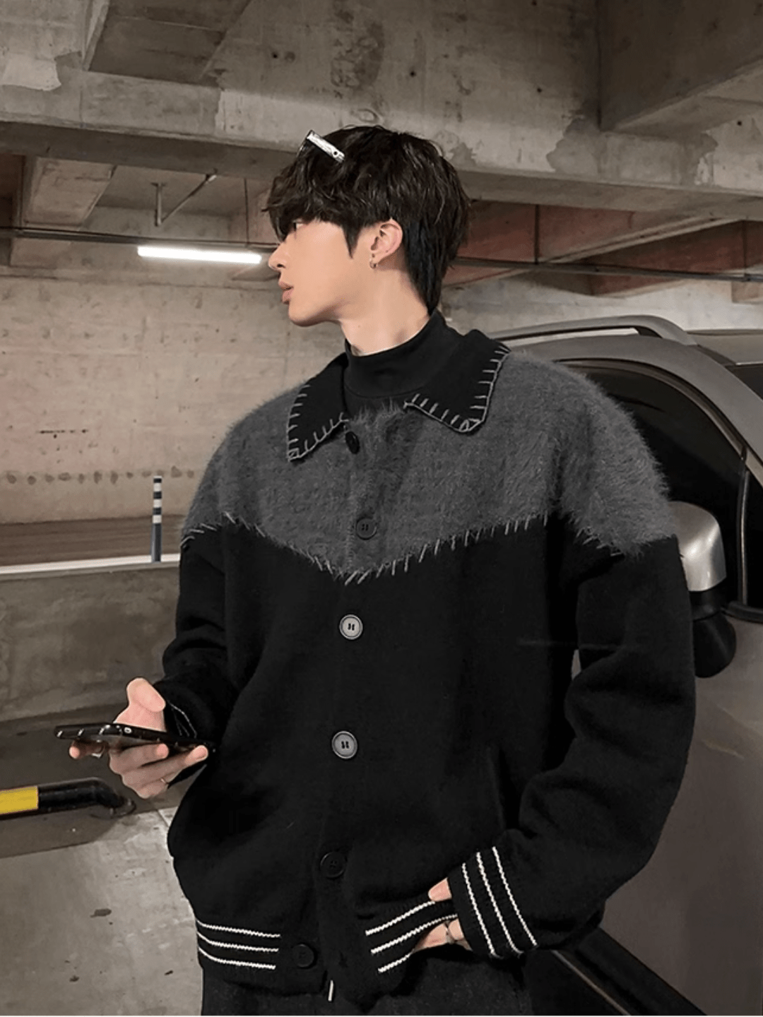 [JM HOMME] Clashing color loose sweater jacket st1764