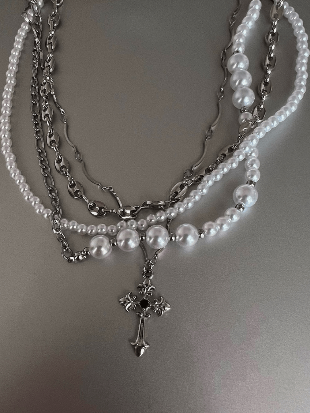 [CHEALIMPID] California Cross Multi-Layer Pearl Necklace st1936