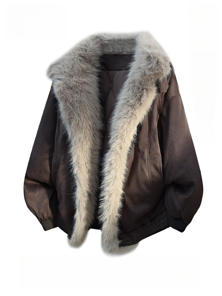 American retro seat mountain carving down cotton-padded jacket men's winter loose fur collar cotton-padded jacket men's