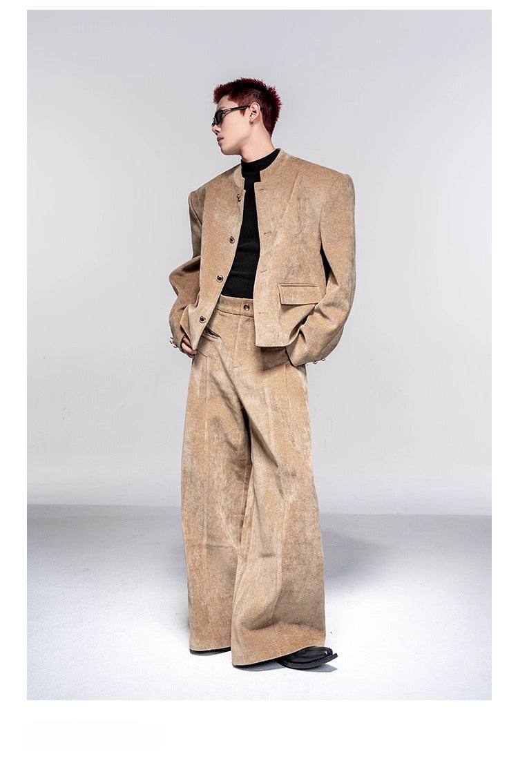 High-end suit suit men's autumn and winter casual suit jacket shoulder padded jacket velvet wide-leg pants two-piece set