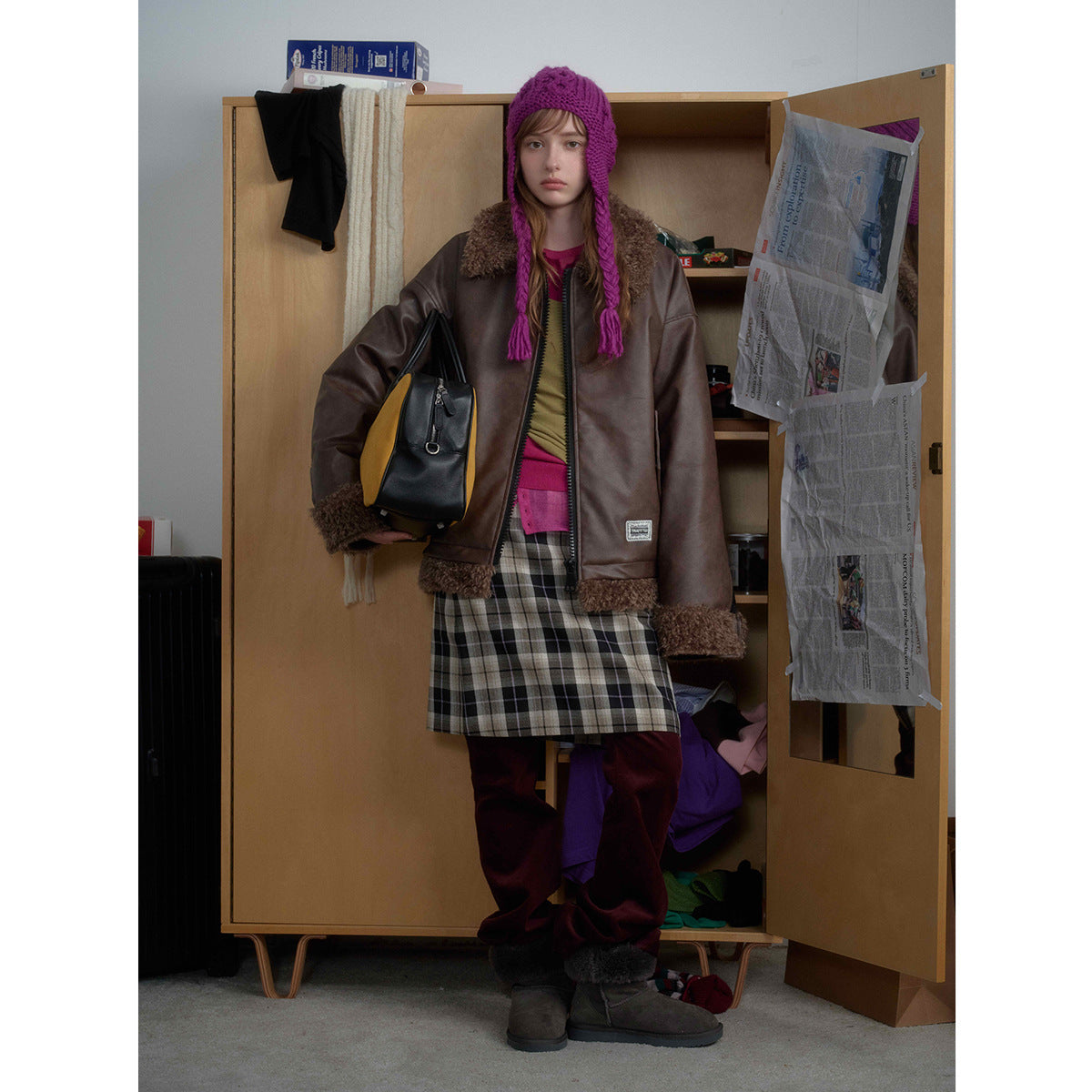 Vintage brown Shearling Collar Faux Leather Jacket EHW5017