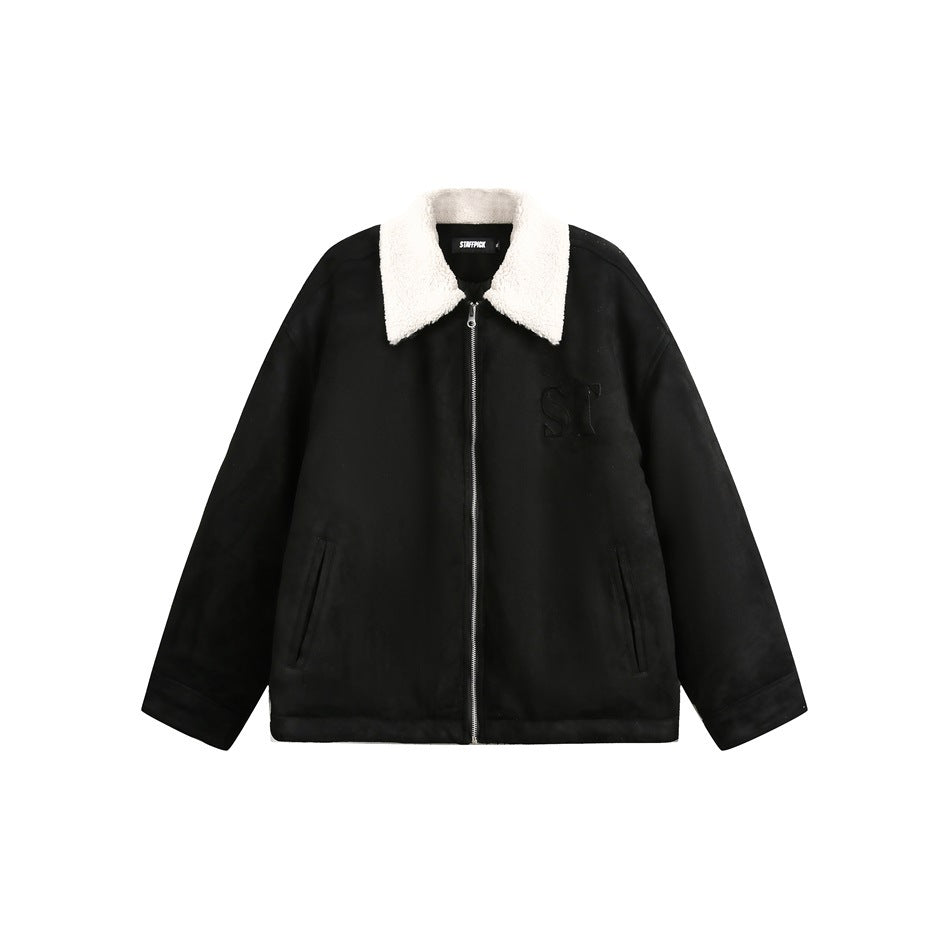 EMBROIDERED SHEARLING COLLAR SUEDE JACKET-RETRO BOMBER STYLE EHW5015