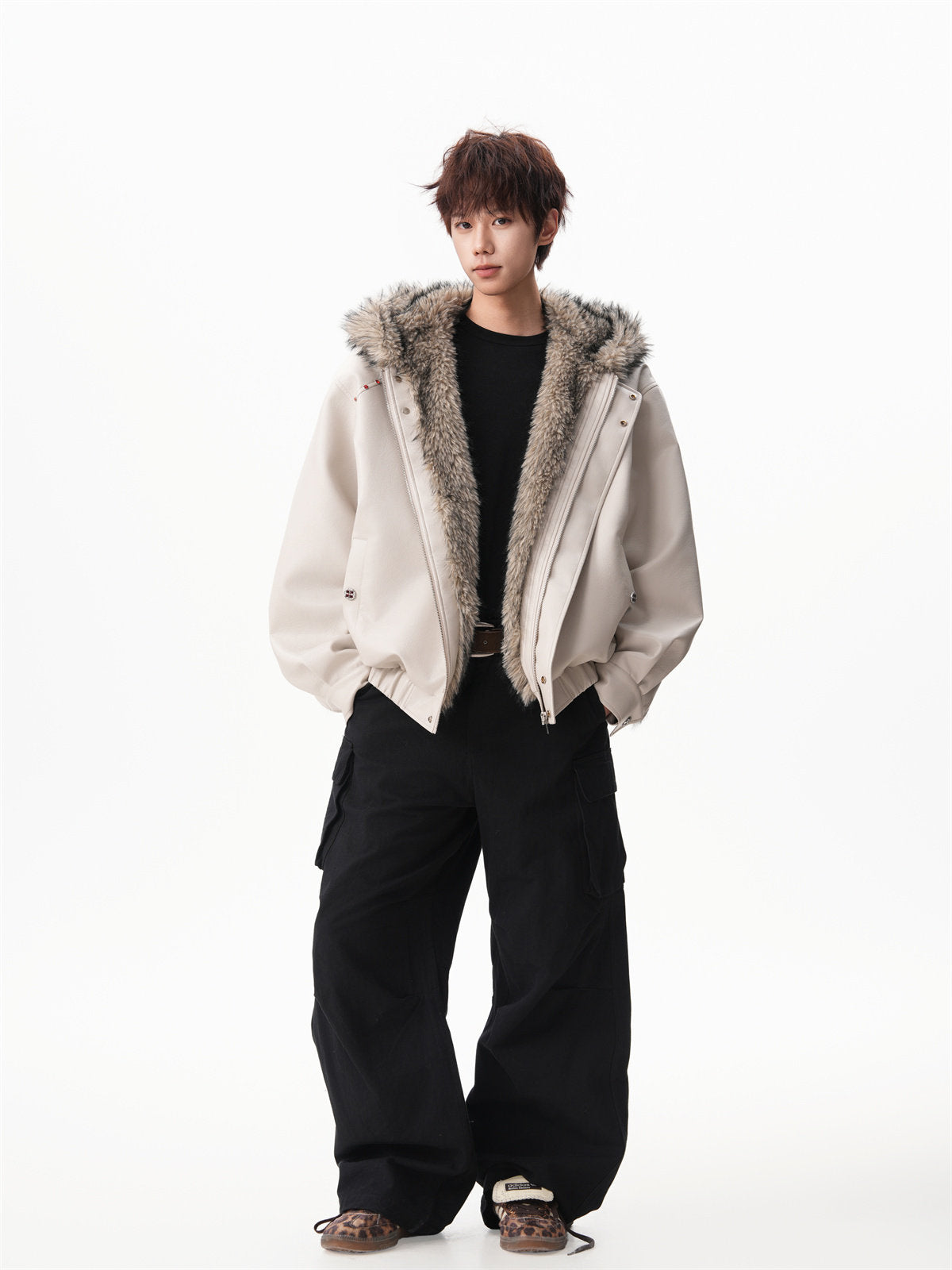 FAUX LEATHER FUZZY HOODED JACKET - EDGY STUDDED COAT EHW5026