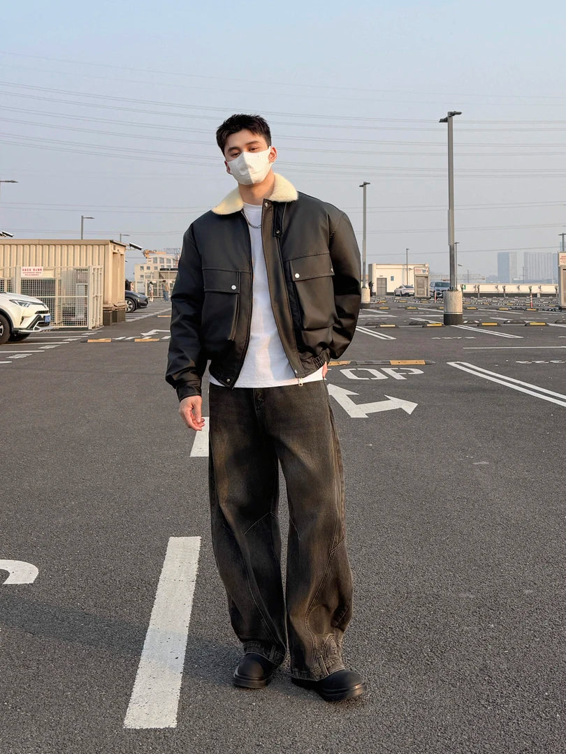 STREET STYLE BOMBER JACKET-BLACK LEATHER-LOOK WITH COZY CREAM COLLAR EHW5016