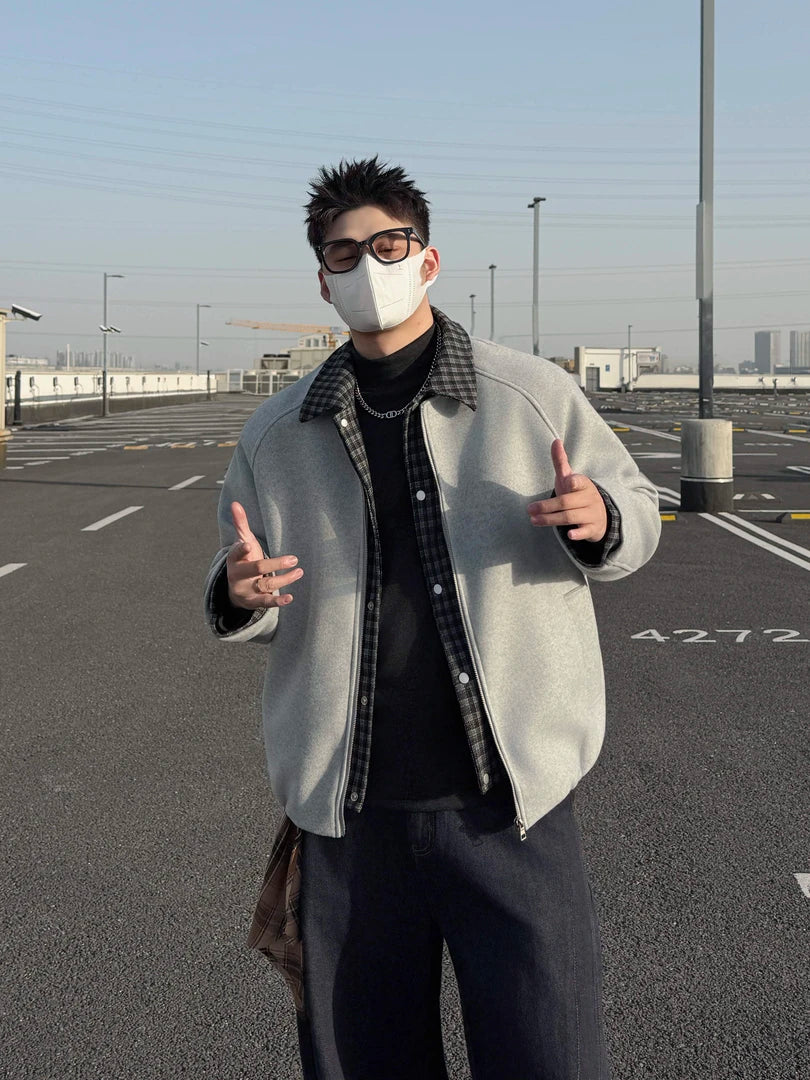 VINTAGE TWO-IN-ONE PLAID COLLR BOMBER OVERSIZED UNISEX STREET JACKET EHW5003