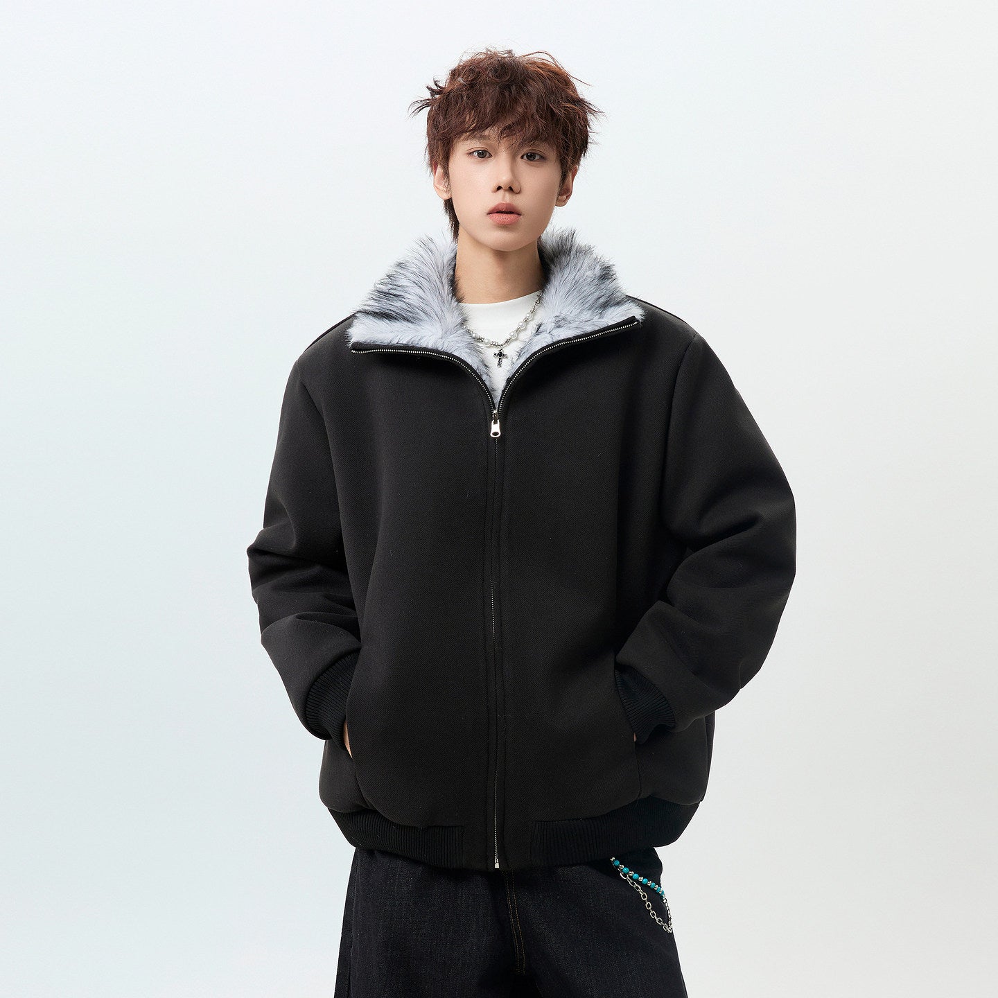 BOMBER JACKET WITH FAUX FUR COLLAR-STREET STYLE WARM ZIP-UP OUTWEAR EHW5012