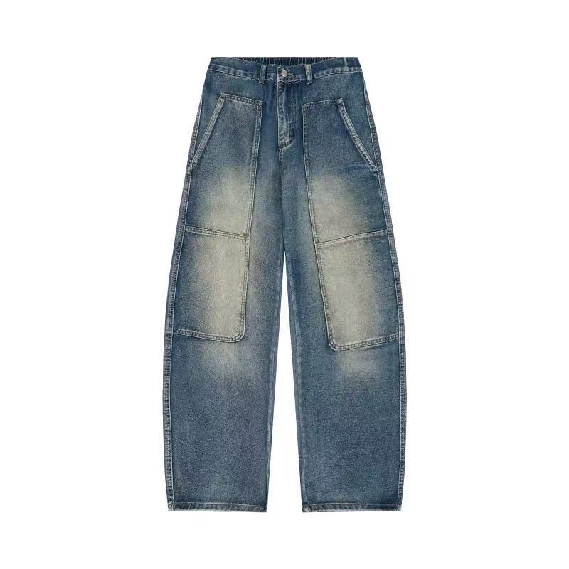 American retro baggy jeans men's 2025 new high street ruffian handsome splicing loose straight wide-leg pants