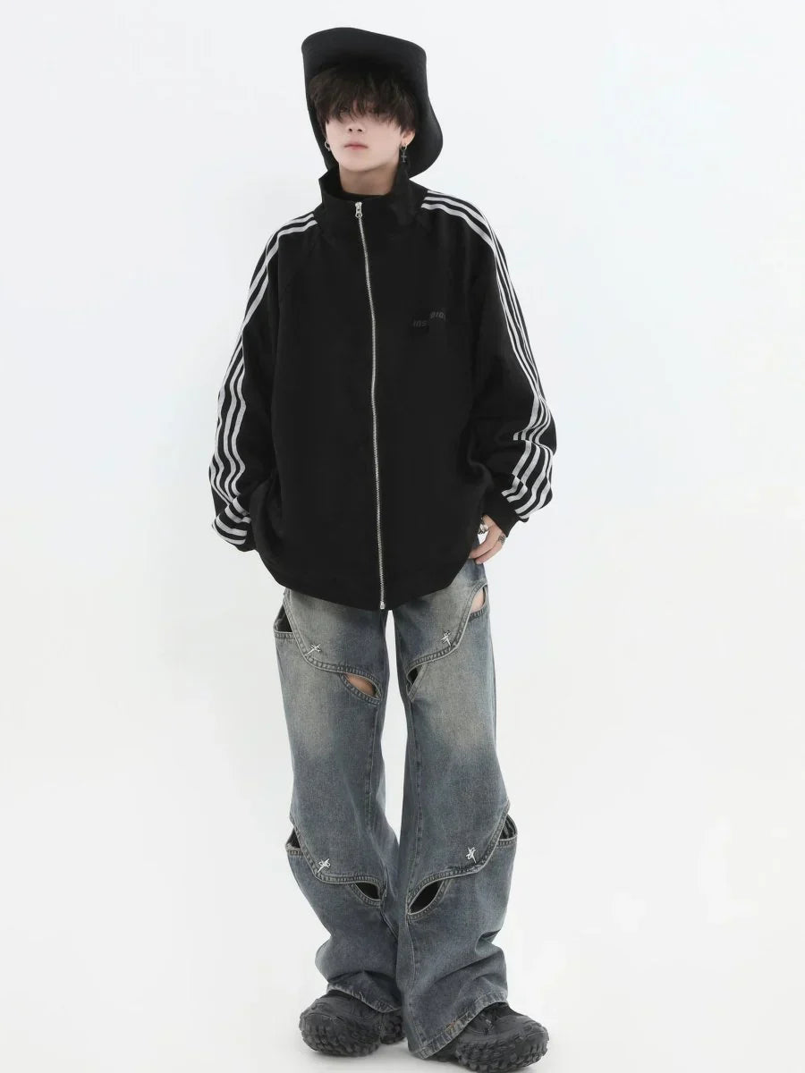 [INSstudios] STRIPED CASUAL ZIPPER JACKET ST1196