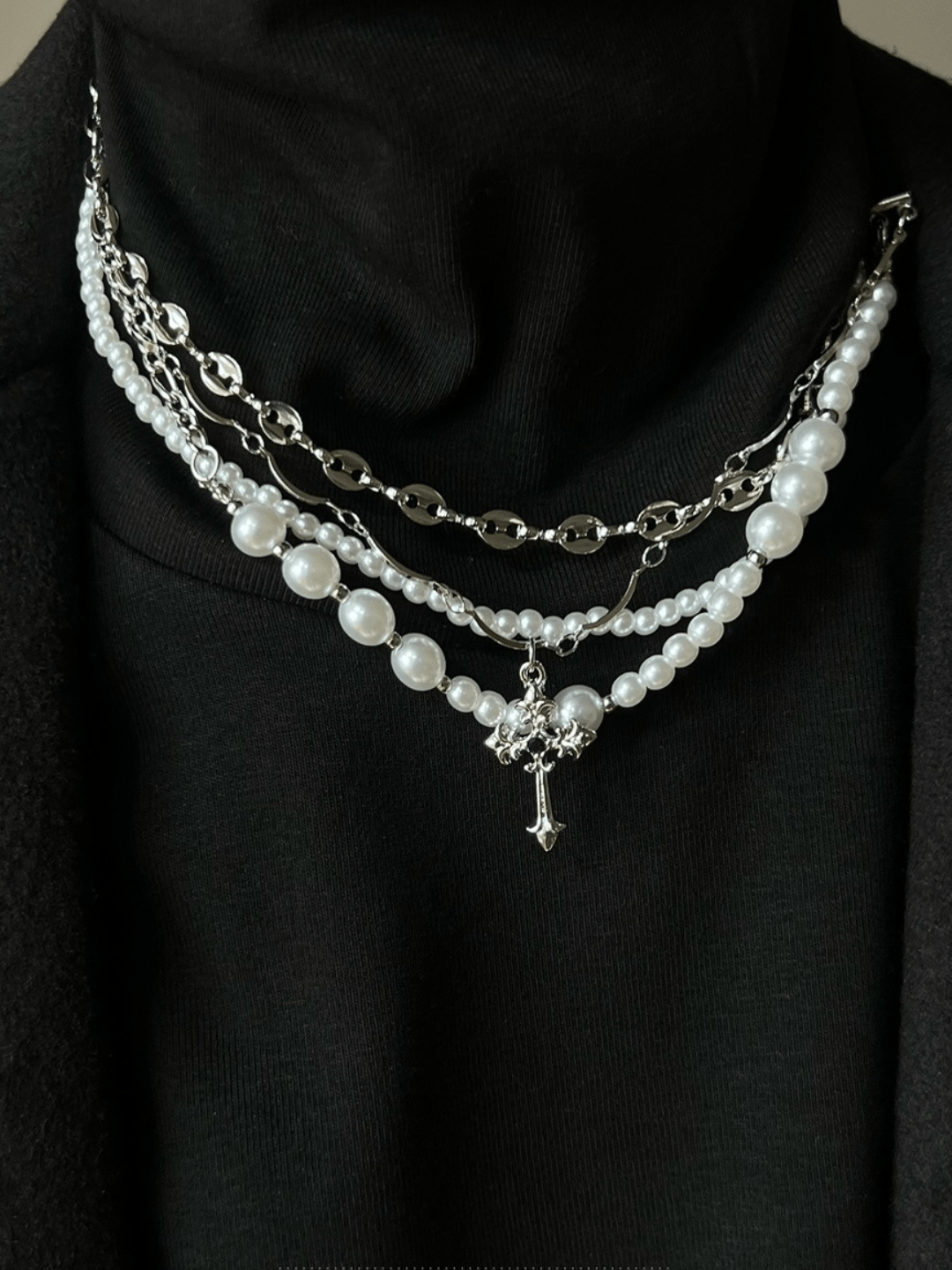 [CHEALIMPID] California Cross Multi-Layer Pearl Necklace st1936
