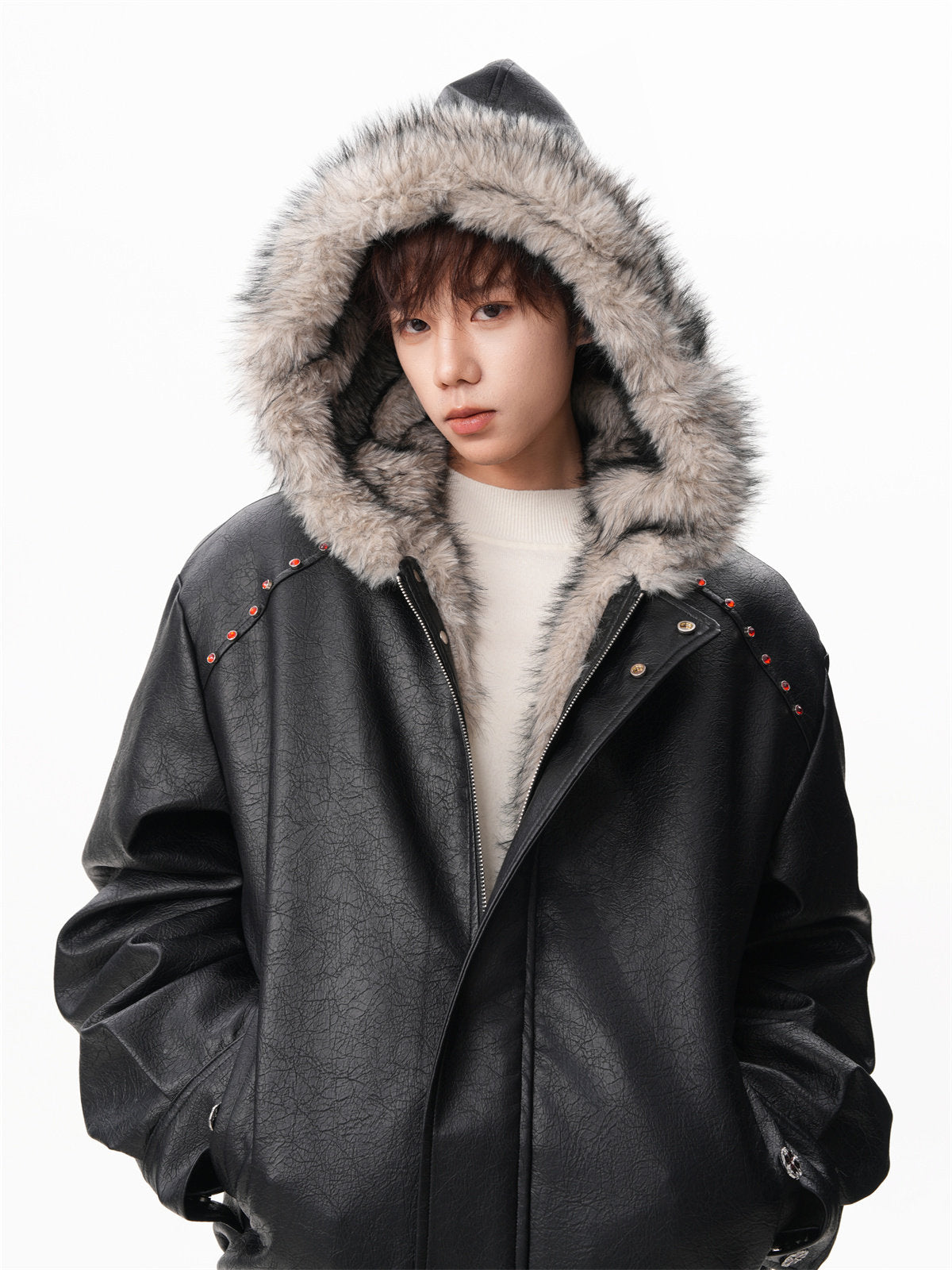 FAUX LEATHER FUZZY HOODED JACKET - EDGY STUDDED COAT EHW5026