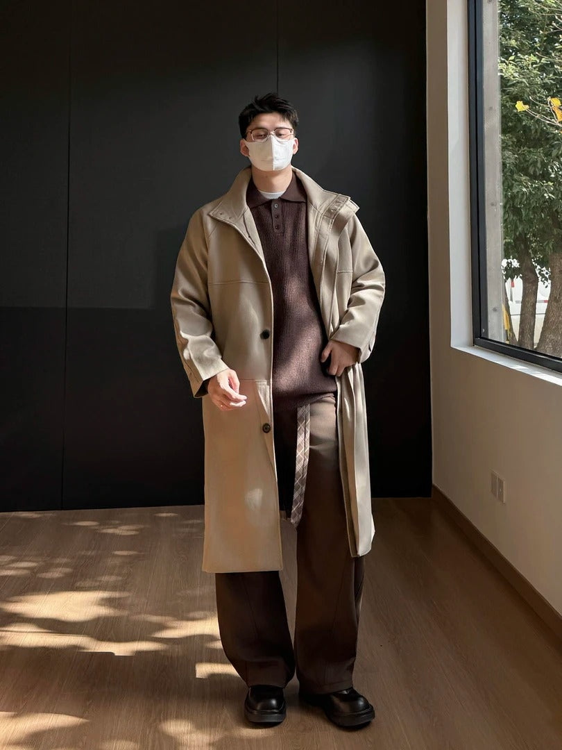 남성용 베이지 오버사이즈 울 트렌치 코트 - 레트로 롱라인 스타일 EHW5019 
