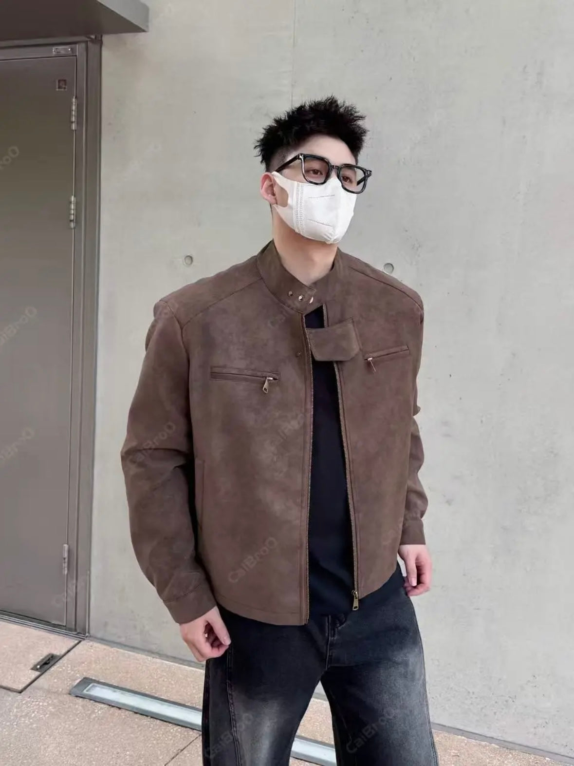 [DAZHONGMA] DYED CROPPED FAUX LEATHER JACKET st5031