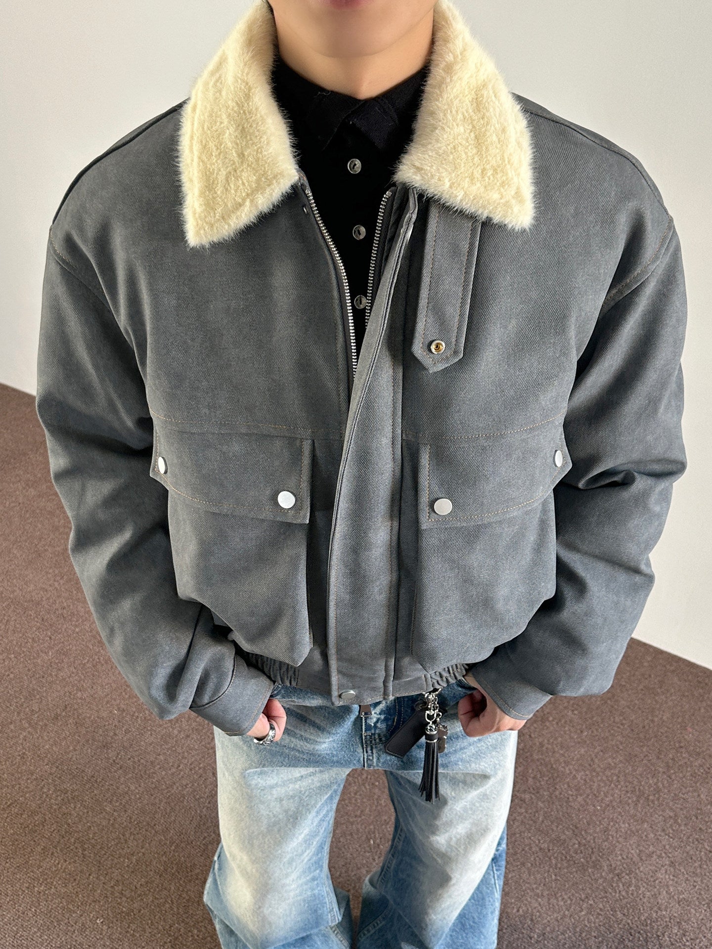 STREET STYLE BOMBER JACKET-BLACK LEATHER-LOOK WITH COZY CREAM COLLAR EHW5016