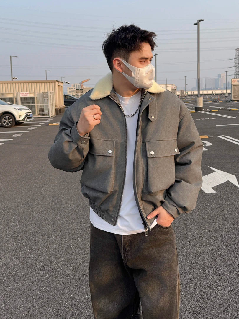 STREET STYLE BOMBER JACKET-BLACK LEATHER-LOOK WITH COZY CREAM COLLAR EHW5016