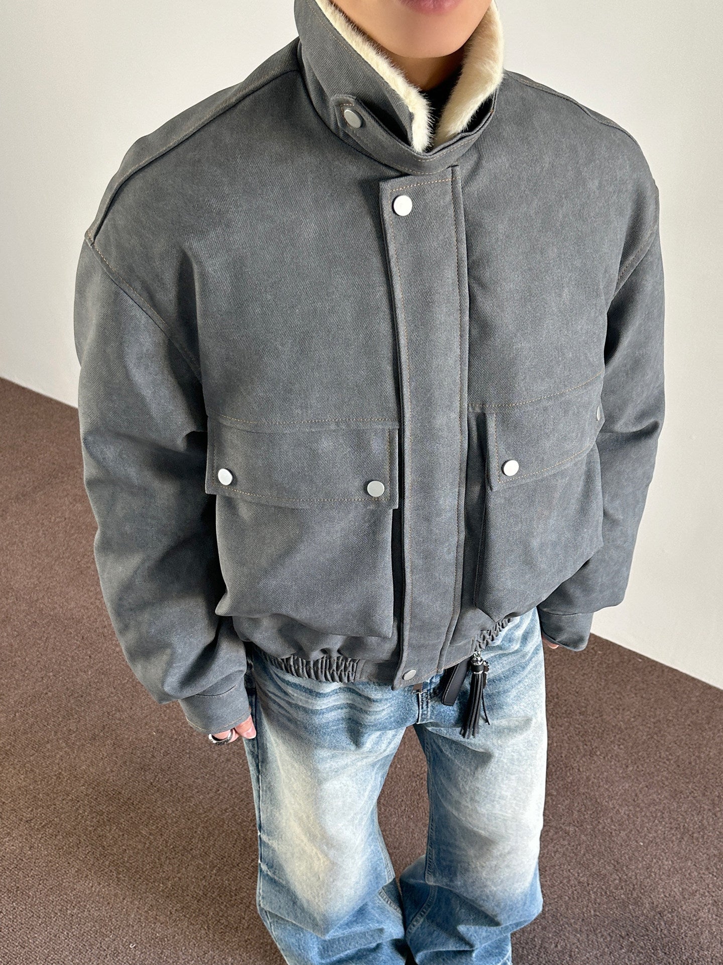 STREET STYLE BOMBER JACKET-BLACK LEATHER-LOOK WITH COZY CREAM COLLAR EHW5016