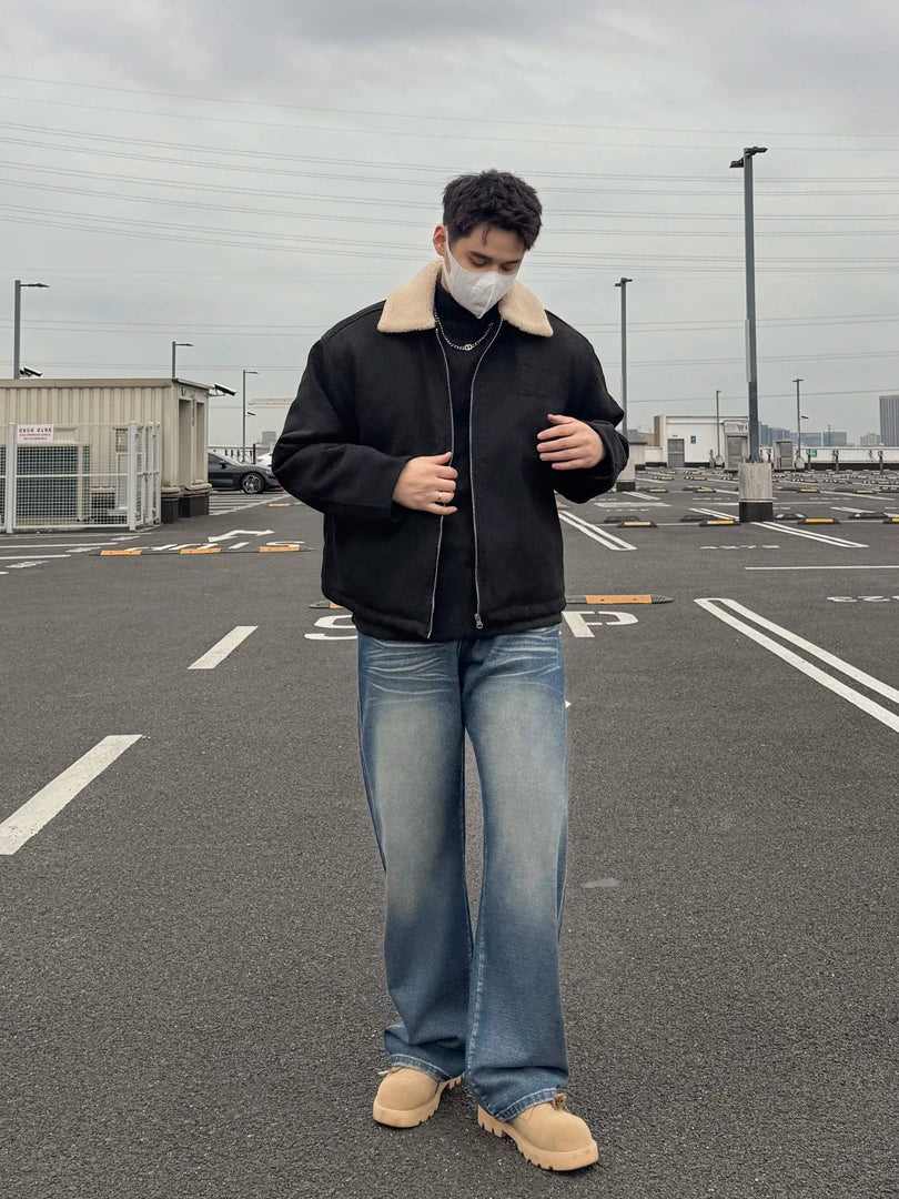 EMBROIDERED SHEARLING COLLAR SUEDE JACKET-RETRO BOMBER STYLE EHW5015