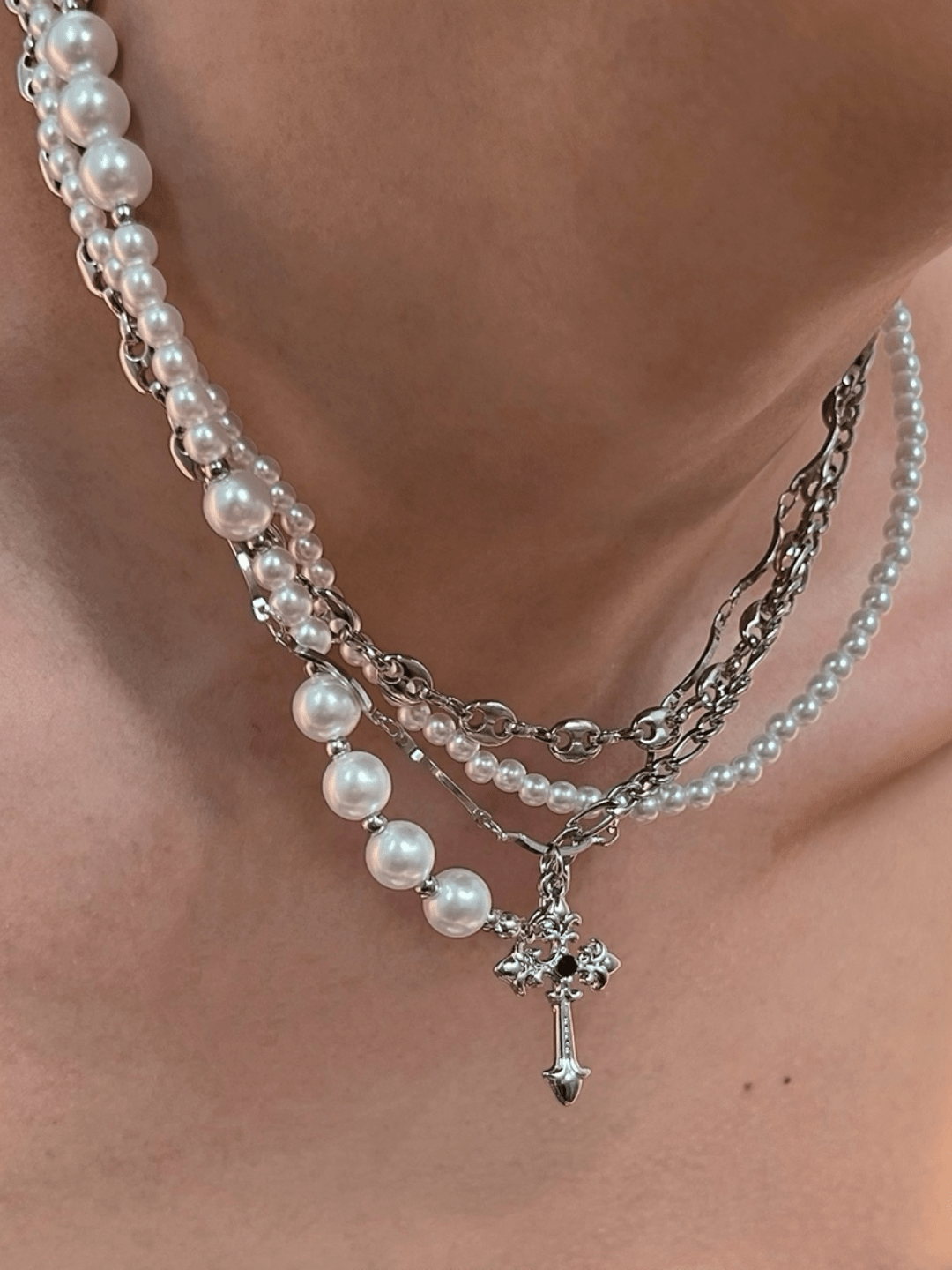 [CHEALIMPID] California Cross Multi-Layer Pearl Necklace st1936