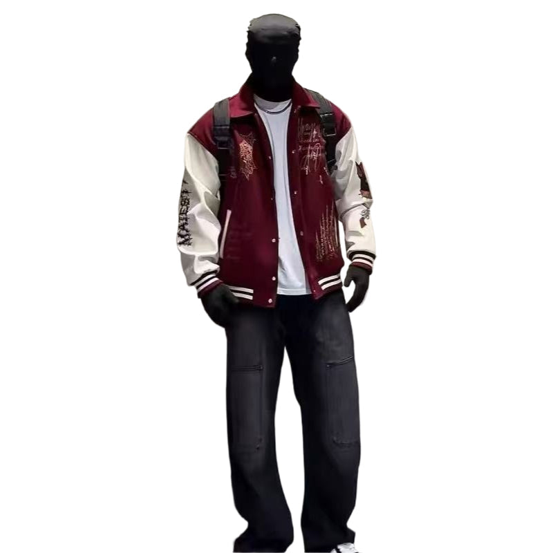 American heavy industry embroidery splicing contrasting color baseball jacket men's trendy high street couple lapel jacket