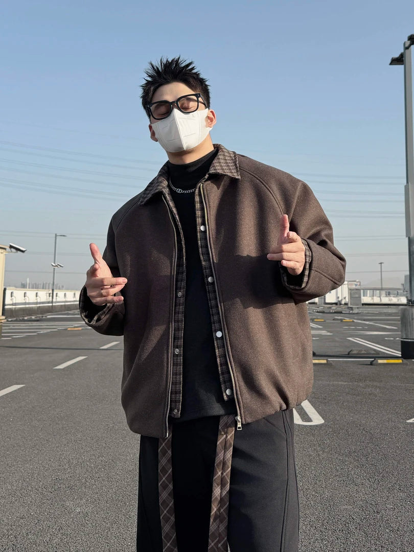 VINTAGE TWO-IN-ONE PLAID COLLR BOMBER OVERSIZED UNISEX STREET JACKET EHW5003