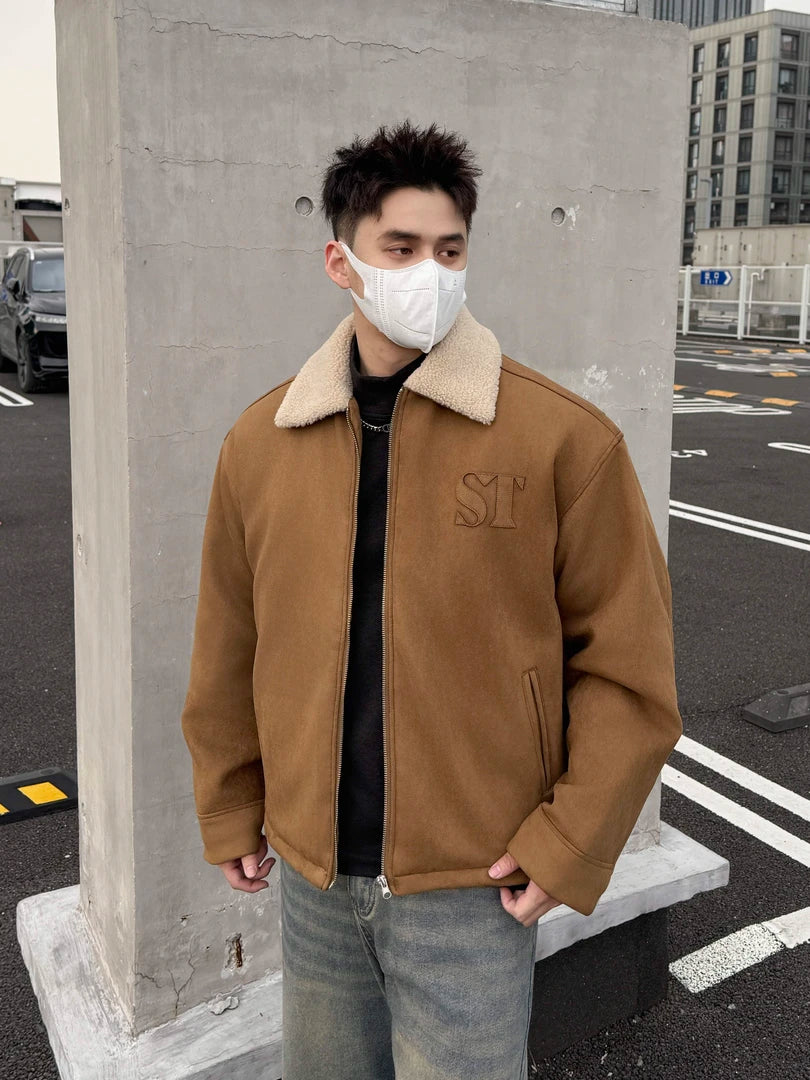 EMBROIDERED SHEARLING COLLAR SUEDE JACKET-RETRO BOMBER STYLE EHW5015