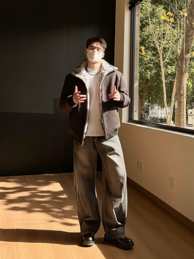 BOMBER JACKET WITH FAUX FUR COLLAR-STREET STYLE WARM ZIP-UP OUTWEAR EHW5012