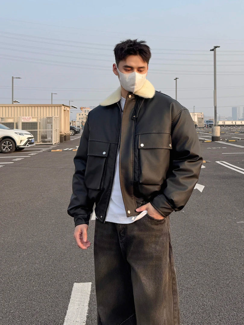STREET STYLE BOMBER JACKET-BLACK LEATHER-LOOK WITH COZY CREAM COLLAR EHW5016