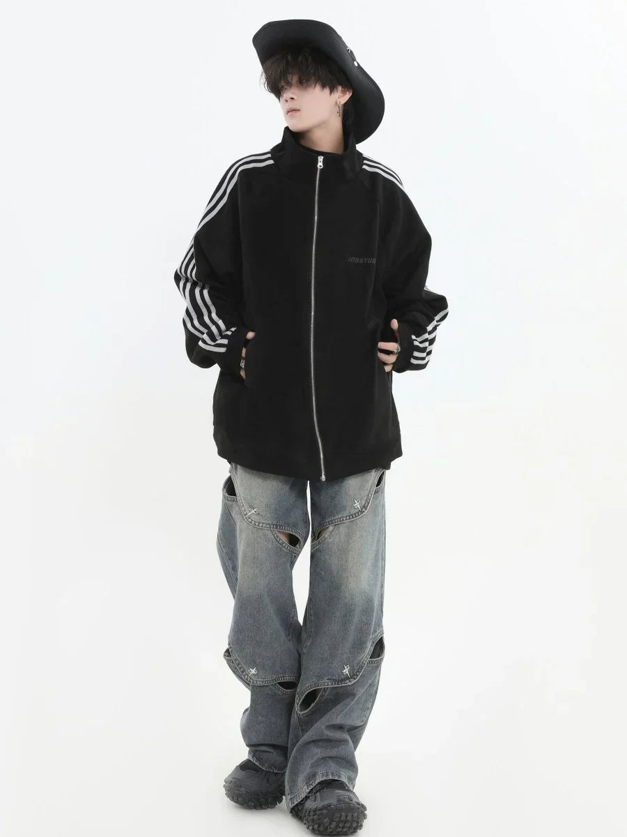 [INSstudios] STRIPED CASUAL ZIPPER JACKET ST1196