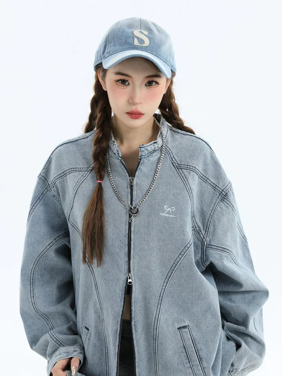 [INSstudios] WASHED DENIM JACKET ZIPPER ST1064