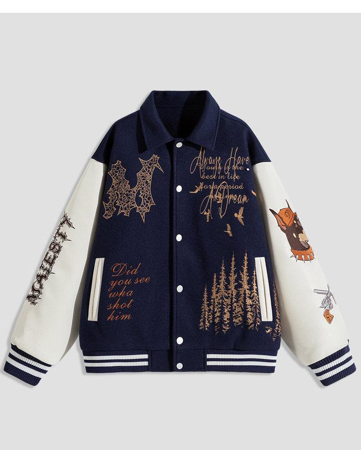 VINTAGE EMBROIDERED VARSITY JACKET-MEN'S RETRO STREETWEAR EHW5021