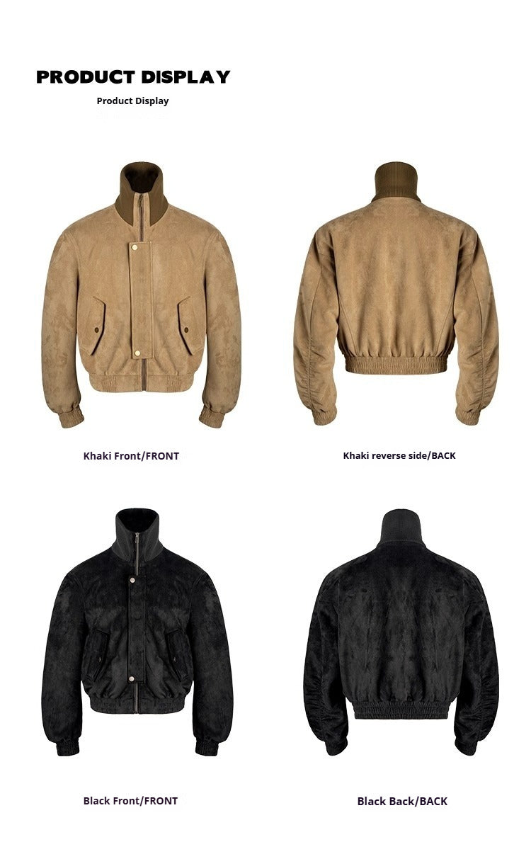 고급스러운 질감의 스웨이드 소재에 실로 짜인 터틀넥 반팔 재킷, 가을 실루엣의 어깨 패드 루즈핏 코트