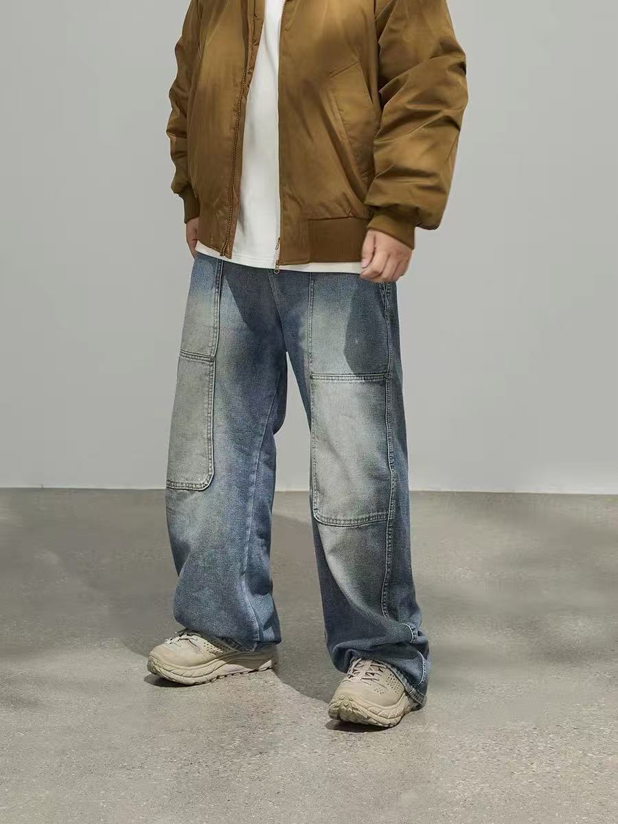 American retro baggy jeans men's 2025 new high street ruffian handsome splicing loose straight wide-leg pants