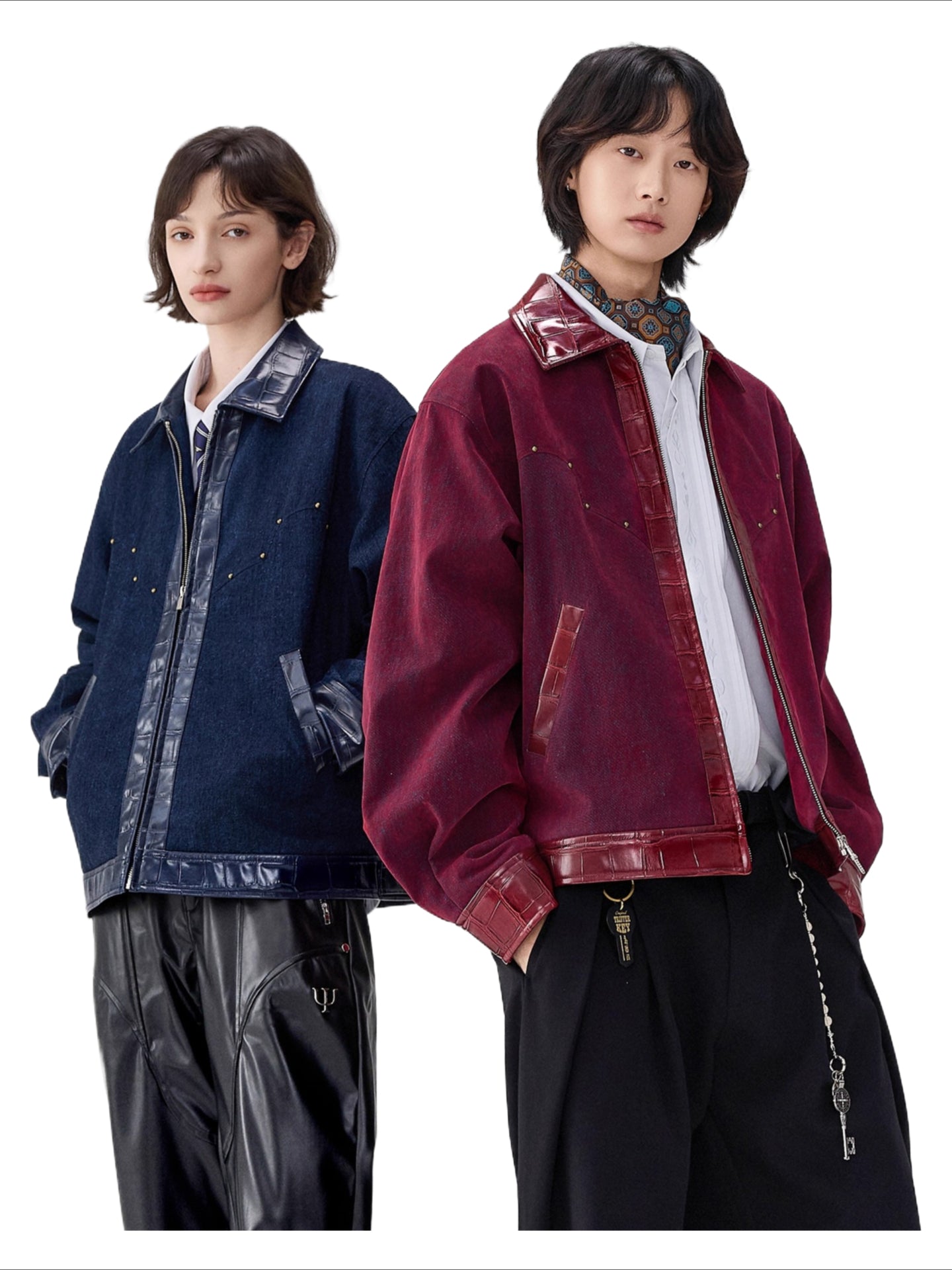 Heavy bead mountain python lapel jacket men's velvet feeling washed splicing denim jacket tide