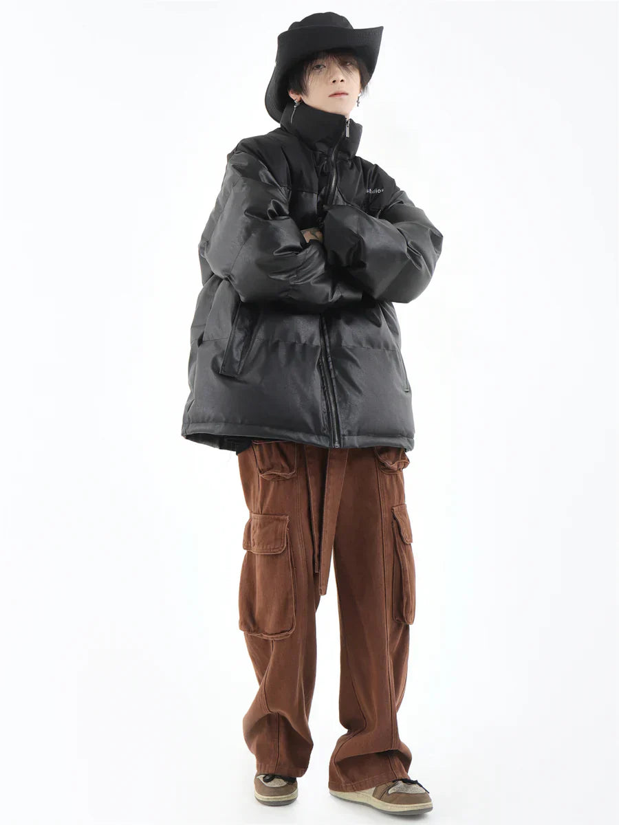 [INSstudios] PU LEATHER COTTON ZIPPER JACKET ST1205