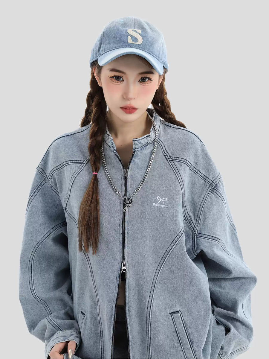 [INSstudios] WASHED DENIM JACKET ZIPPER ST1064