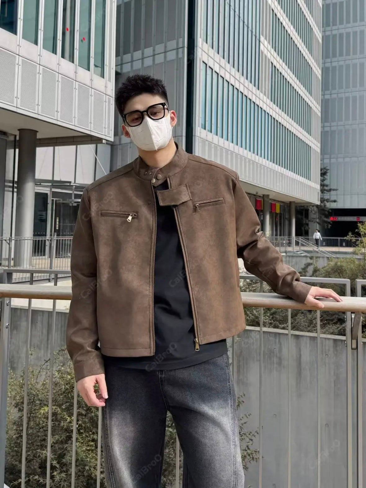 [DAZHONGMA] DYED CROPPED FAUX LEATHER JACKET st5031