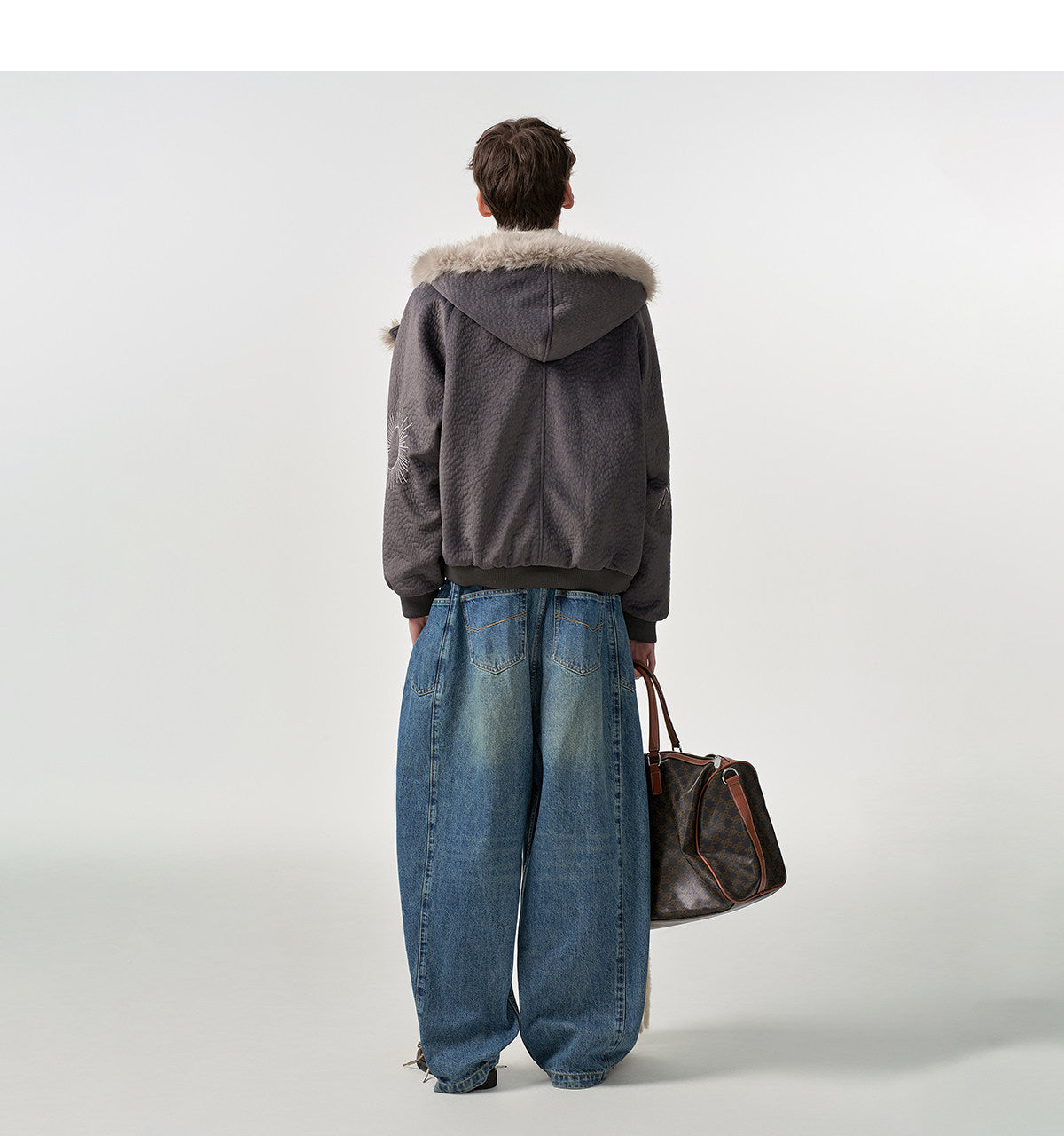 FAUX SHEARLING HOODED JACKET-FUZZY COLLAR&CONTRAST DETAILS, OVERSIZED WARM OUTWEAR EHW5018