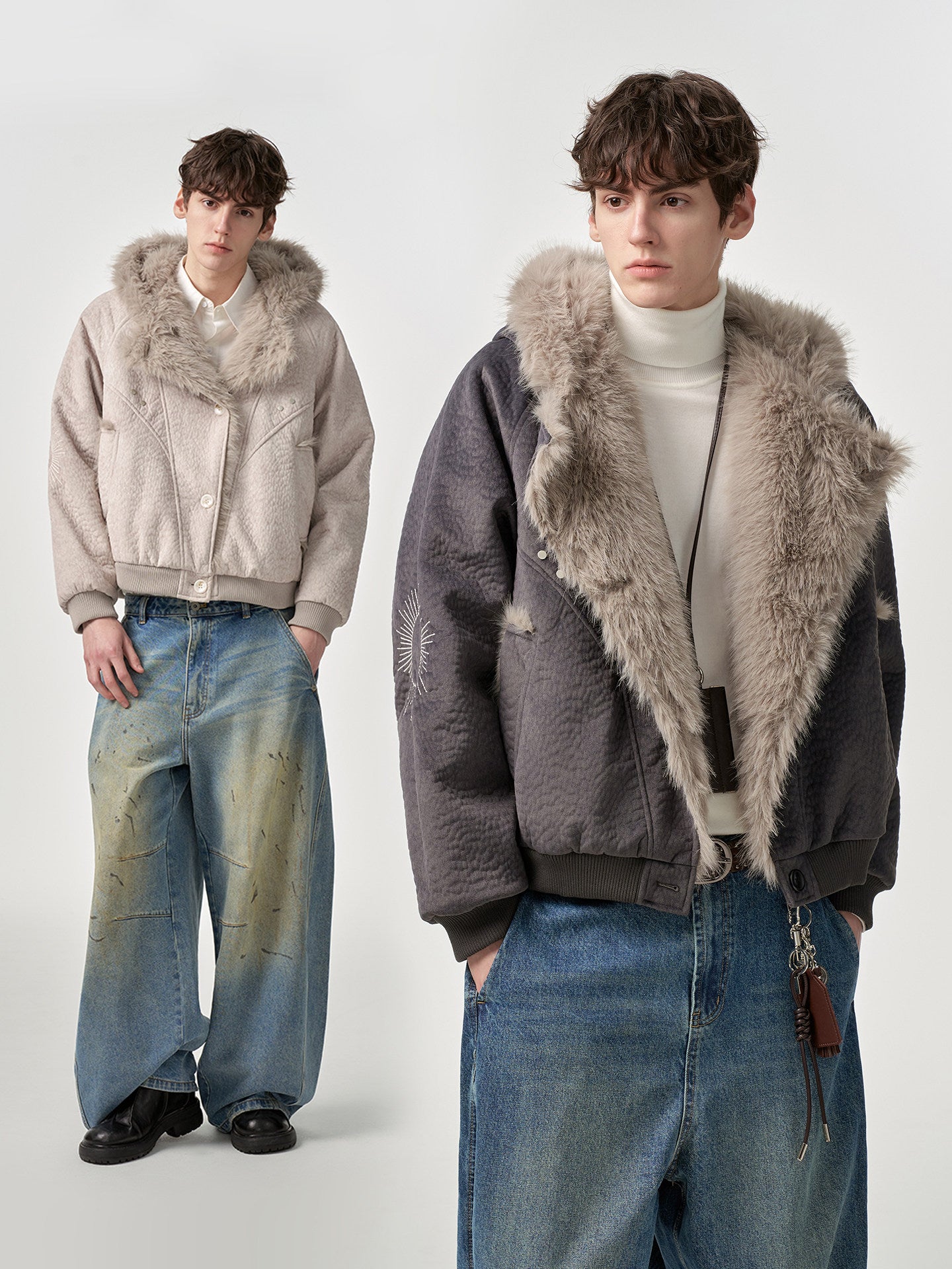 FAUX SHEARLING HOODED JACKET-FUZZY COLLAR&CONTRAST DETAILS, OVERSIZED WARM OUTWEAR EHW5018