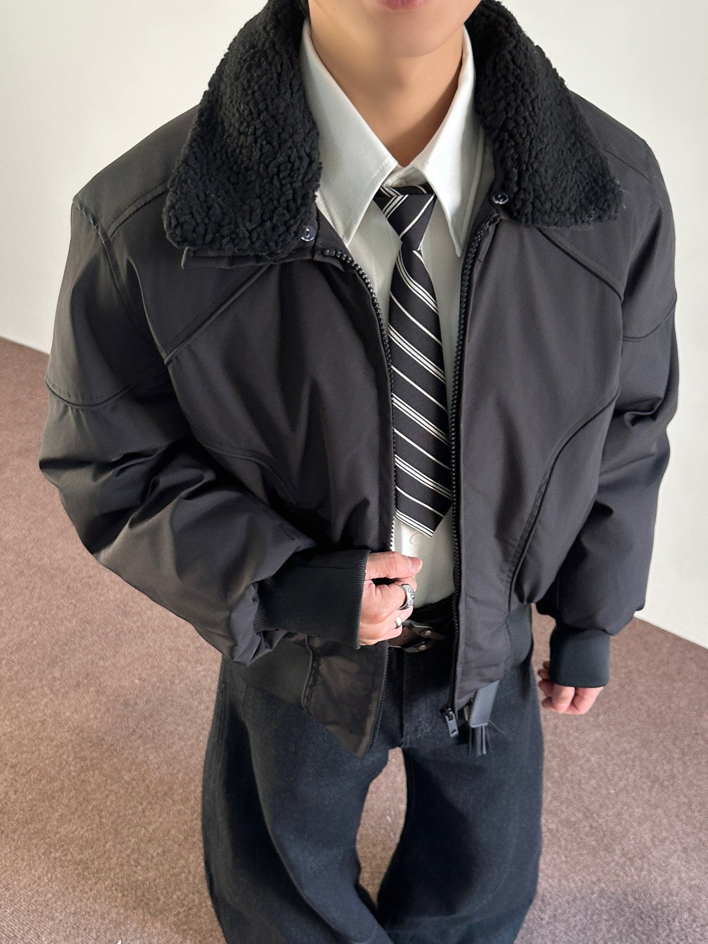 OVERSIZED BOMBER JACKET WITH REMOVABLE FLEECE COLLAR-CASUAL OUTERWEAR EHW5013