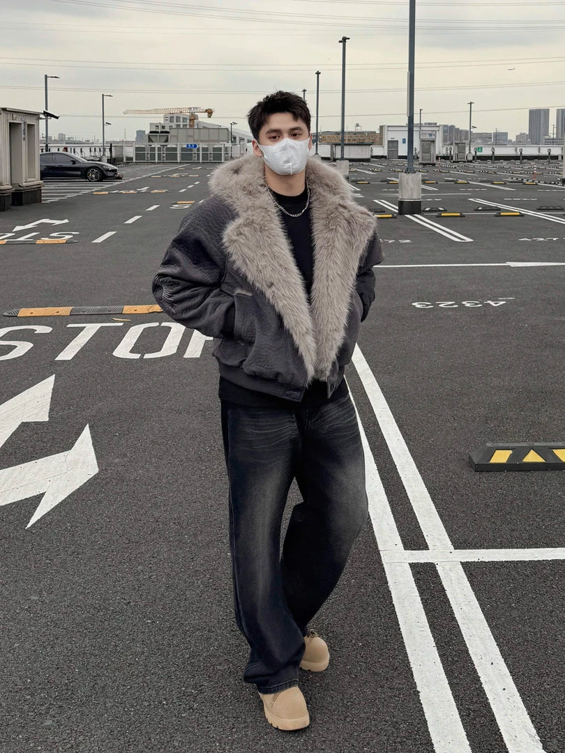 FAUX SHEARLING HOODED JACKET-FUZZY COLLAR&CONTRAST DETAILS, OVERSIZED WARM OUTWEAR EHW5018