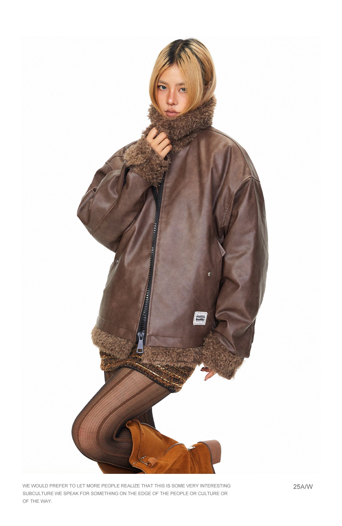 Vintage brown Shearling Collar Faux Leather Jacket EHW5017