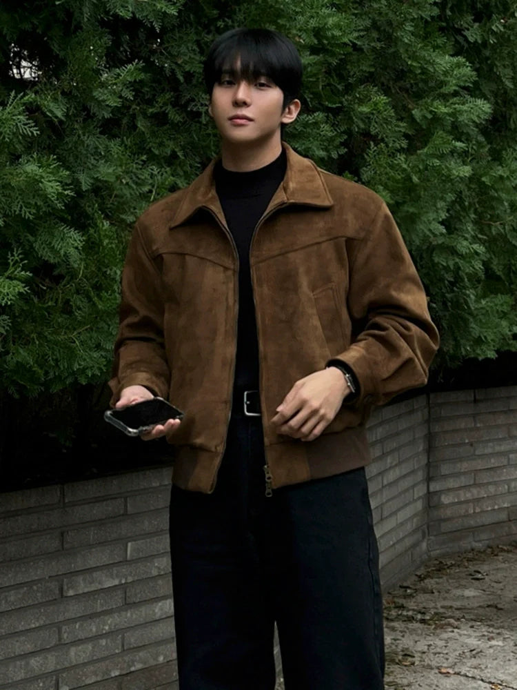 Retro style short leather jacket men's autumn and winter imitation suede lapel jacket Korean commuter wear