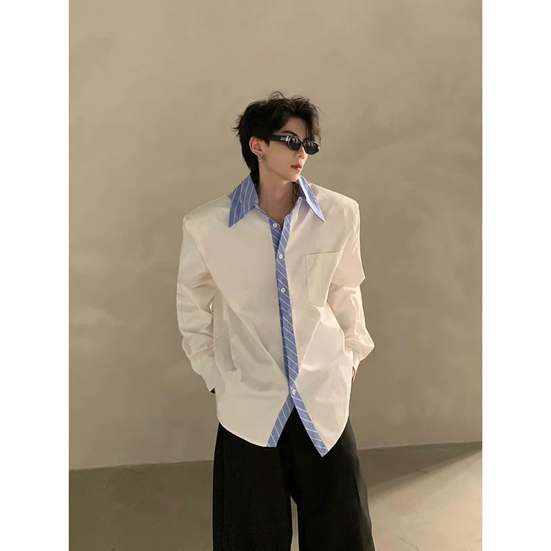 고급 니치 디자인 실루엣 스플라이싱 셔츠, 남성용 러피안 핸섬 솔리드 컬러 루즈핏 트렌드 셔츠 