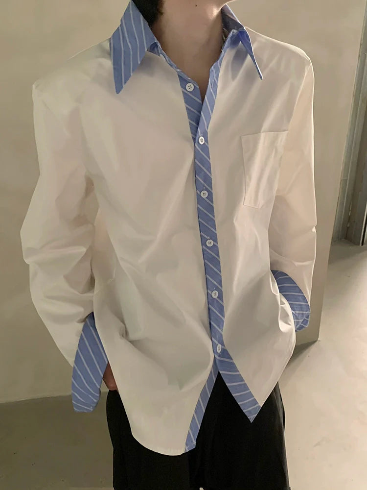 고급 니치 디자인 실루엣 스플라이싱 셔츠, 남성용 러피안 핸섬 솔리드 컬러 루즈핏 트렌드 셔츠 