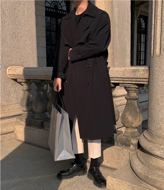 가을 무릎 길이 트렌치 코트, 남성용 미디엄 및 롱 더블 브레스트 루즈핏 코트, 한국 트렌디 캐주얼 멋쟁이 코트 