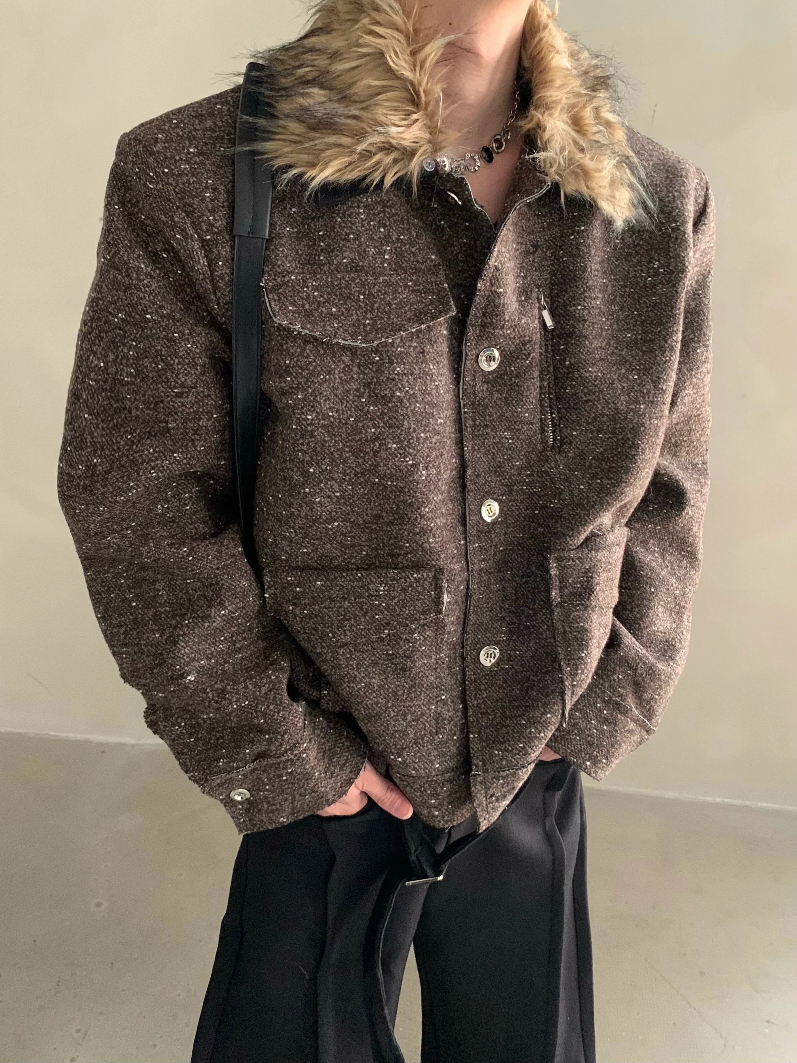 Winter niche light luxury fur collar shoulder padded small fragrant jacket men's high-end short padded jacket