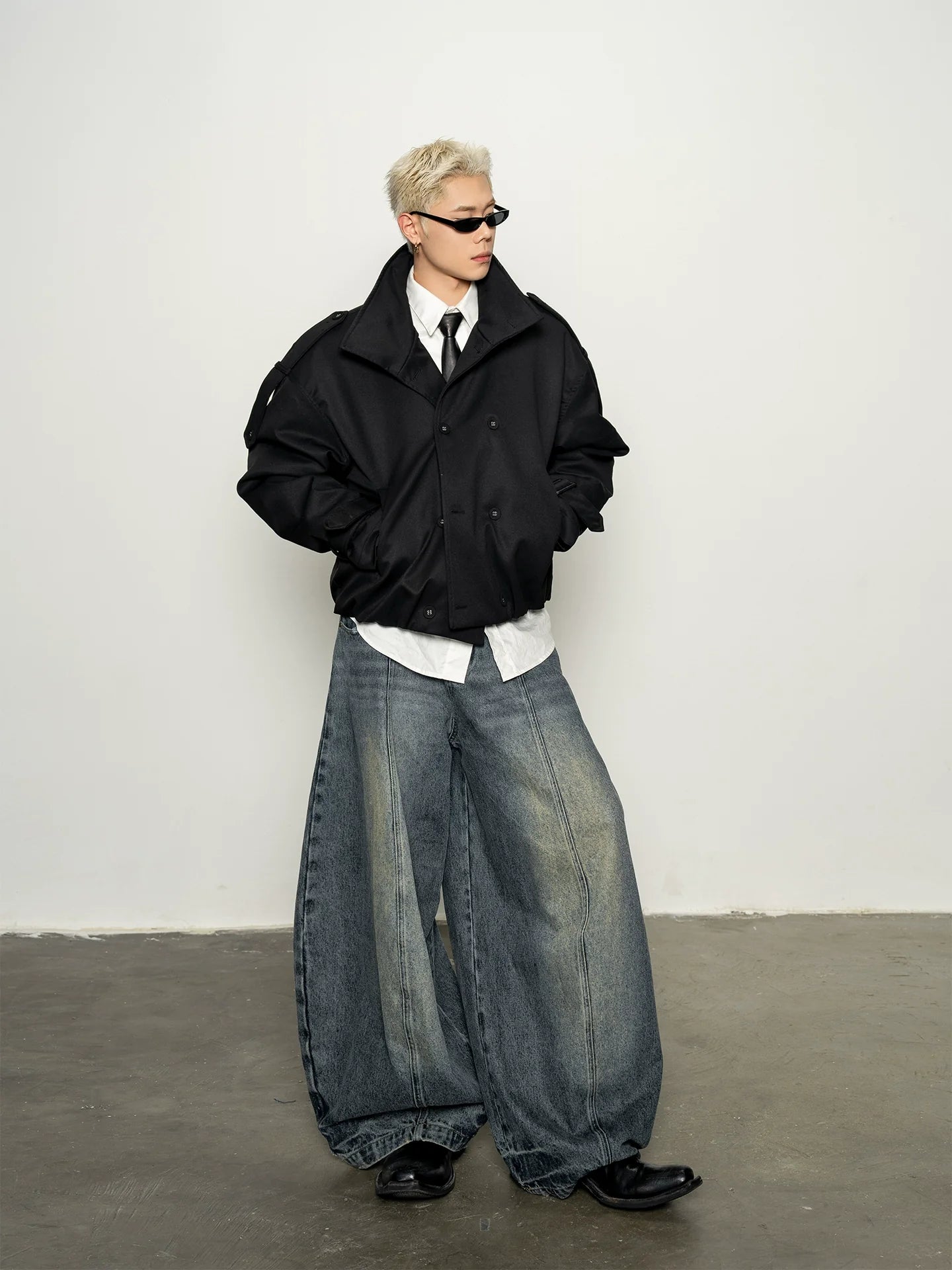 Pragmatism, American stand-up neck padded trench coat, wide shoulder, autumn and winter short jacket