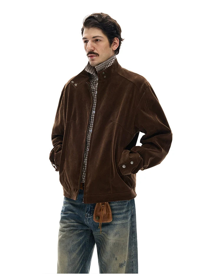 모던 스트리트 레트로 스웨이드 툴링 스탠드업 칼라 재킷, 남녀공용 캐주얼 디컨스트럭션 스플라이싱 숏 코트 