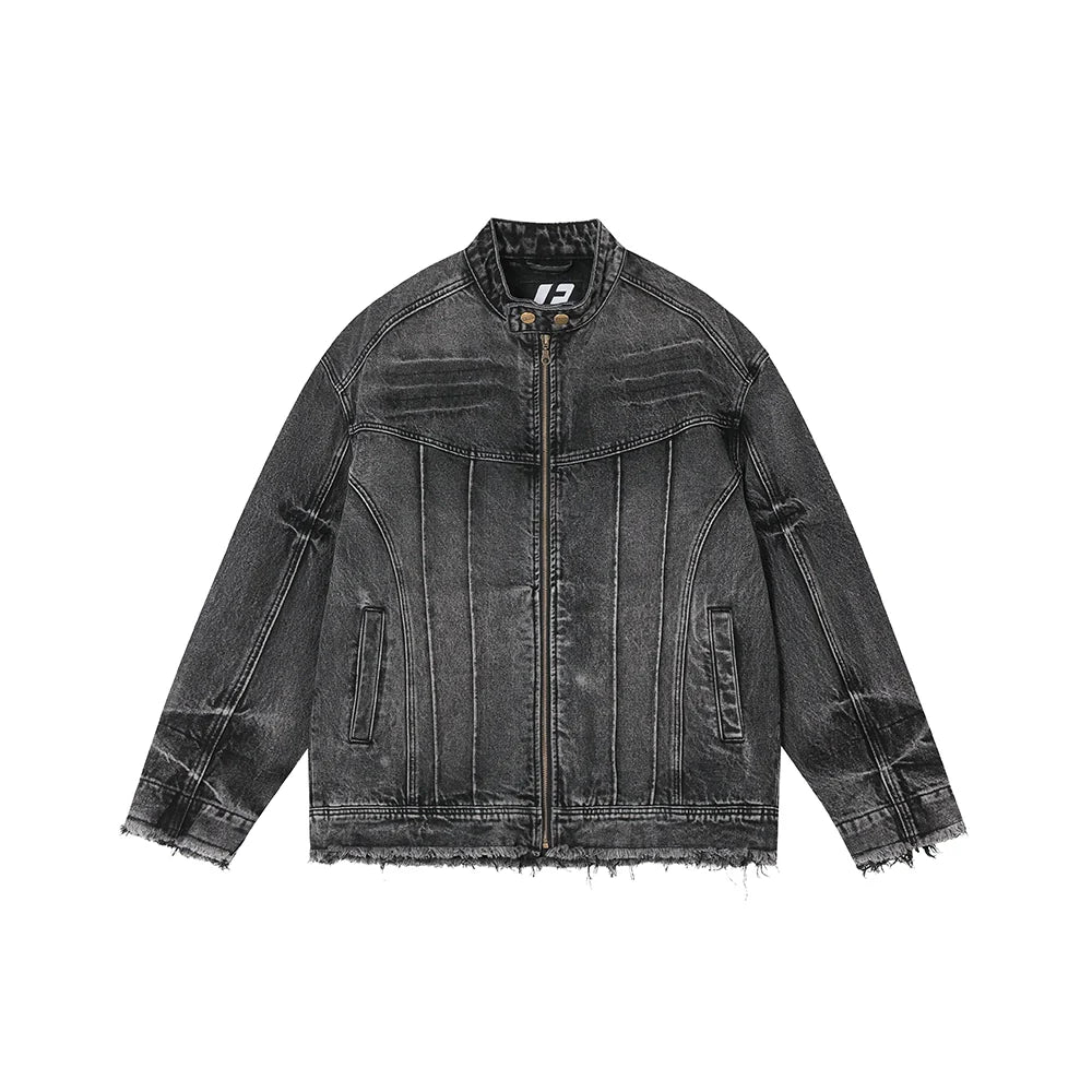 Heavy washed denim jacket American high street stand-up collar jacket SIN0992