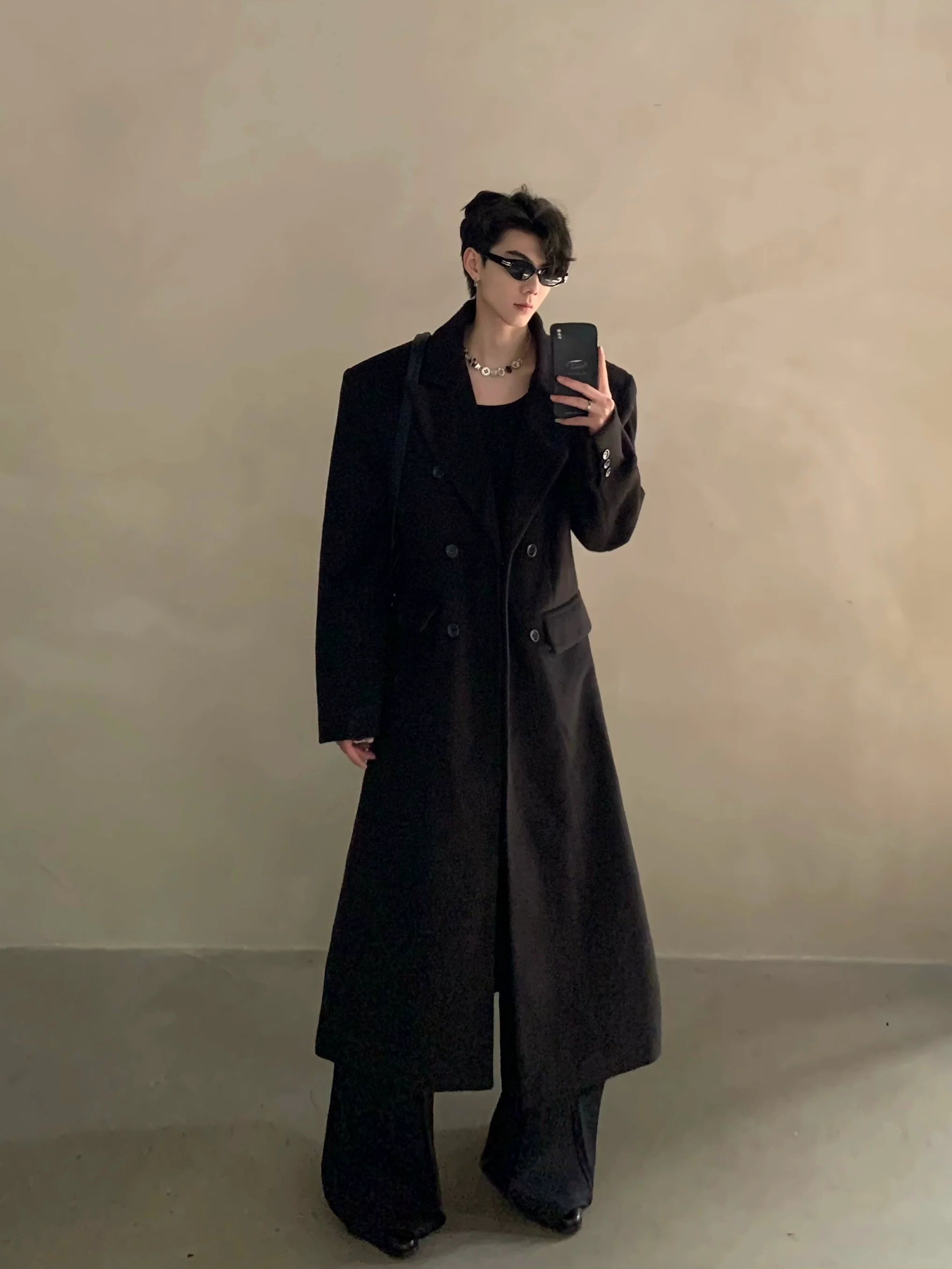 Winter niche shoulder padded silhouette woolen coat men's long double-breasted premium trench coat